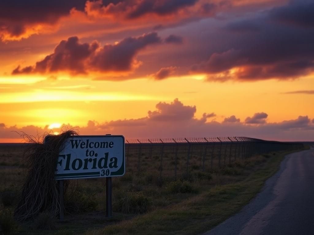 Flick International A desolate Florida landscape at sunset with a 'Welcome to Florida' sign partially obscured by overgrown vines