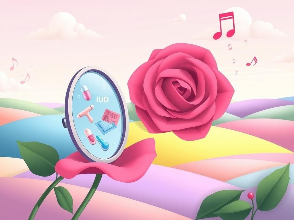 Flick International Stylized illustration of a whimsical landscape symbolizing choice and freedom with vibrant rose and birth control imagery