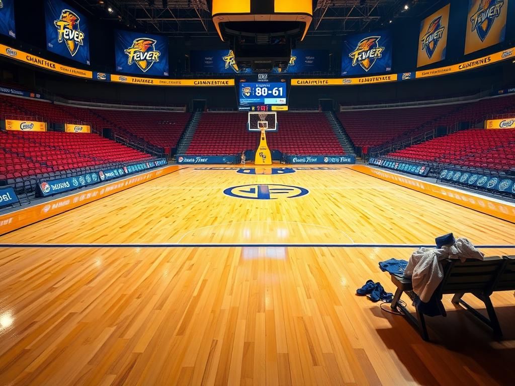 Flick International Dynamic basketball court scene showing the empty arena with the Indiana Fever and Golden State Valkyries team colors prominently displayed.