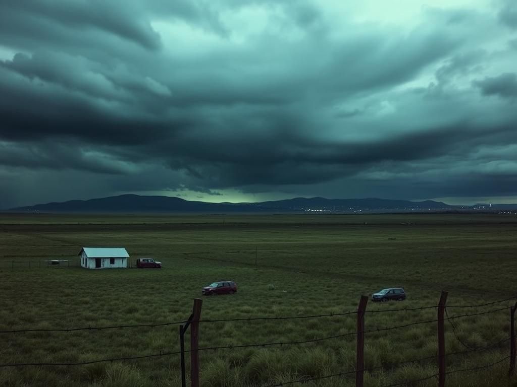 Flick International Somber landscape of Nebraska's heartland with barbed wire fence symbolizing immigration themes