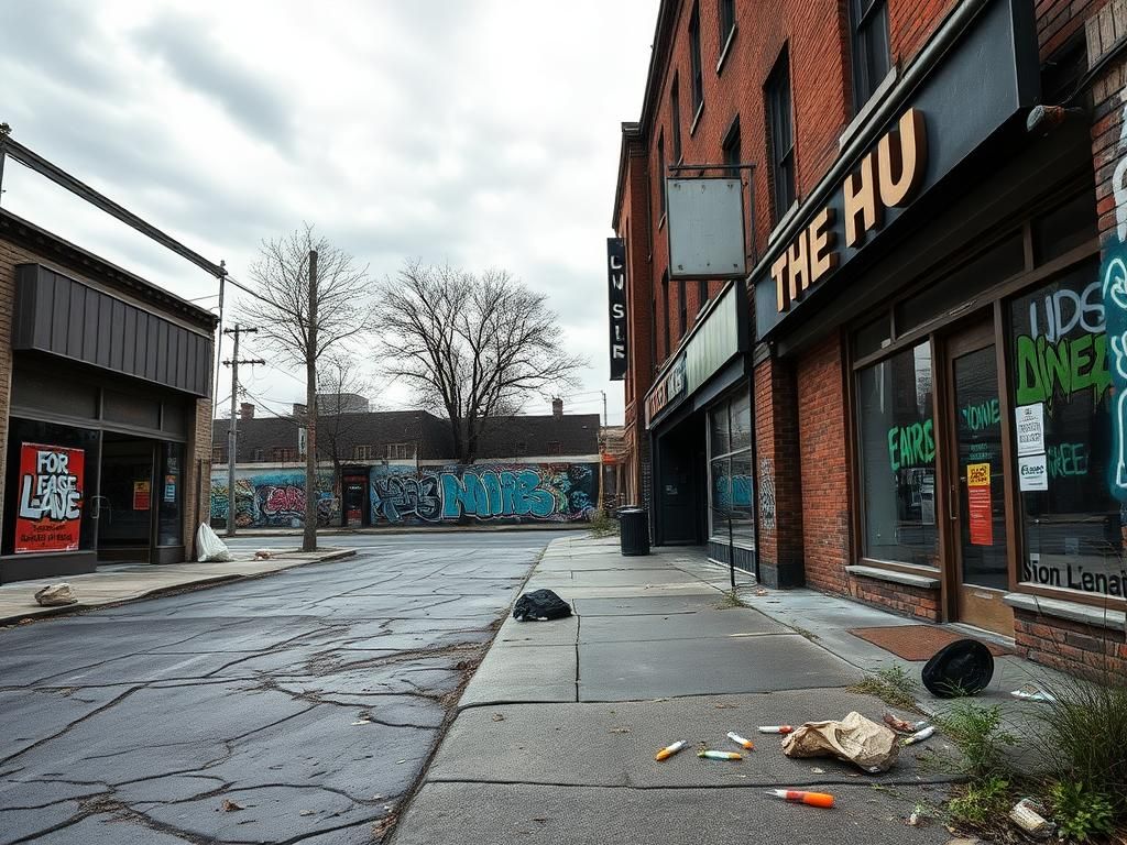 Flick International A somber view of The Hub business district in the Bronx showing empty storefronts and graffiti-covered walls