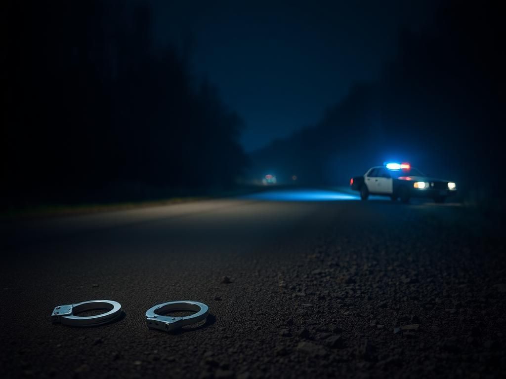 Flick International Nighttime West Virginia roadside with police lights and discarded handcuffs