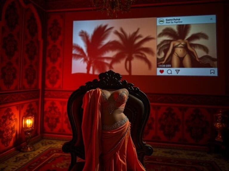Flick International Silk belly dancing costume draped over an ornate wooden chair in a dimly lit Egyptian setting