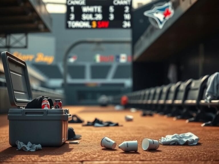 Flick International A baseball dugout scene featuring scattered equipment and an open cooler after a tense inning.