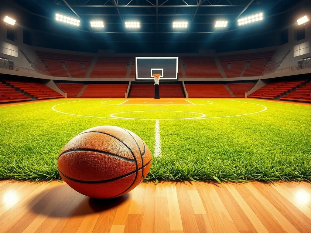 Flick International An abstract representation of a football field blending with a basketball court, symbolizing LeBron James and football.