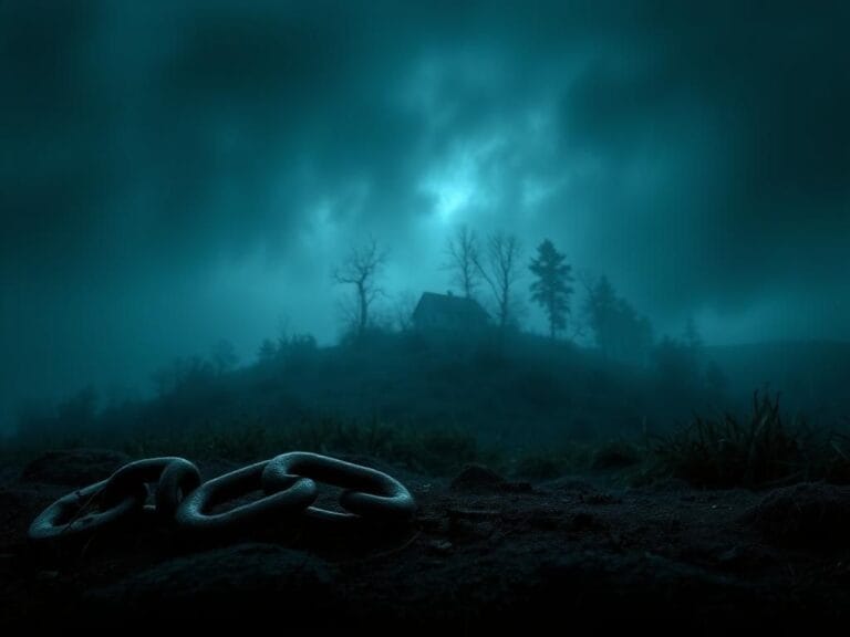 Flick International Dimly lit, overgrown hillside with fog and a broken lock symbolizing confinement