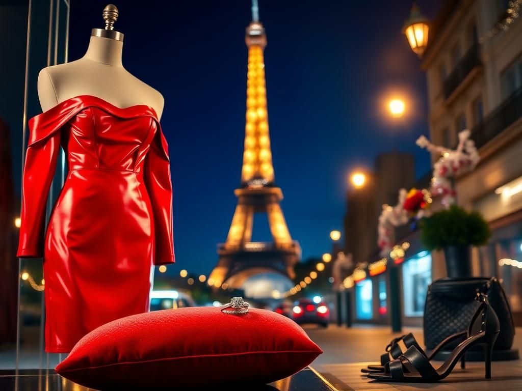 Flick International Elegant red latex dress showcased on a mannequin in Paris nightlife setting