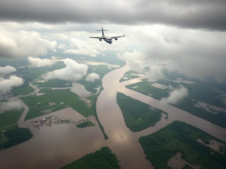 Flick International Aerial view of flooding in Texas with NASA's WB-57 aircraft in silhouette