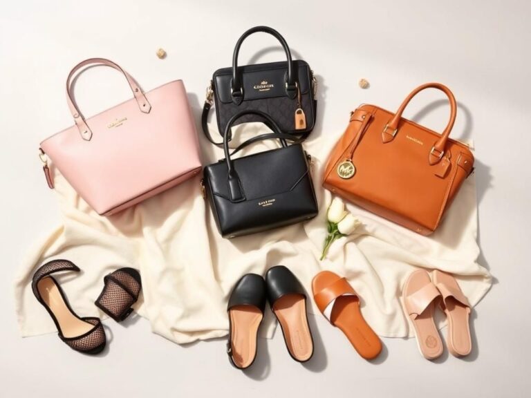 Flick International Elegant flat lay of luxury handbags and shoes from Kate Spade, Coach, and Michael Kors arranged on a soft cream fabric