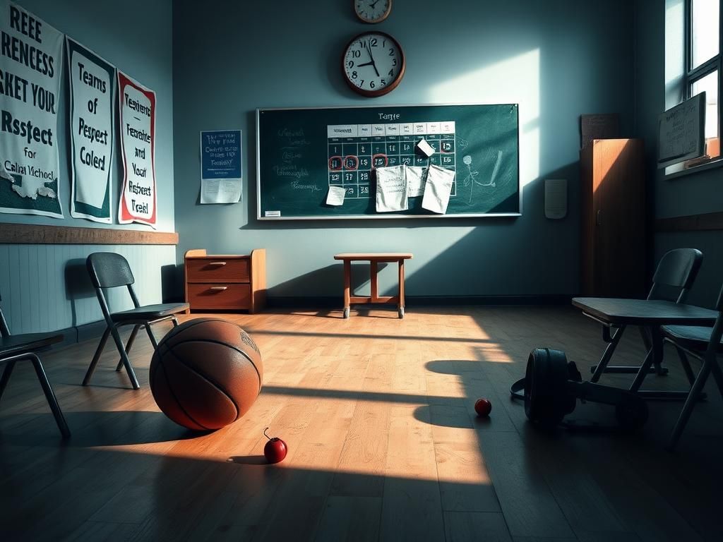 Flick International somber classroom scene with worn gym equipment and motivational posters