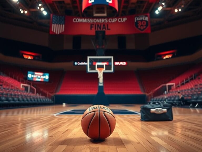 Flick International A basketball court illuminated by arena lights with a basketball in the foreground and a hoop in the background.