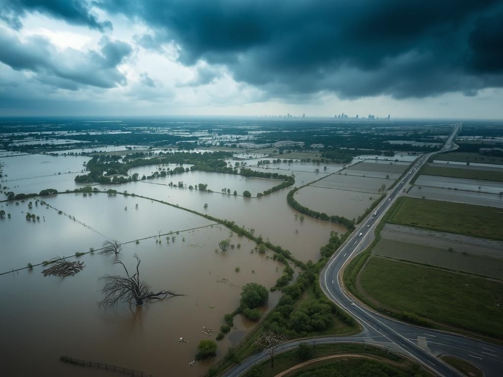 Flick International Aerial view of a flooded Texas landscape with debris and broken trees submerged in murky water