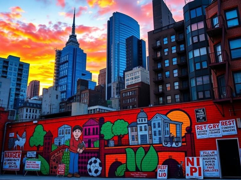 Flick International Urban landscape of New York City at sunset with a vibrant mural promoting social change