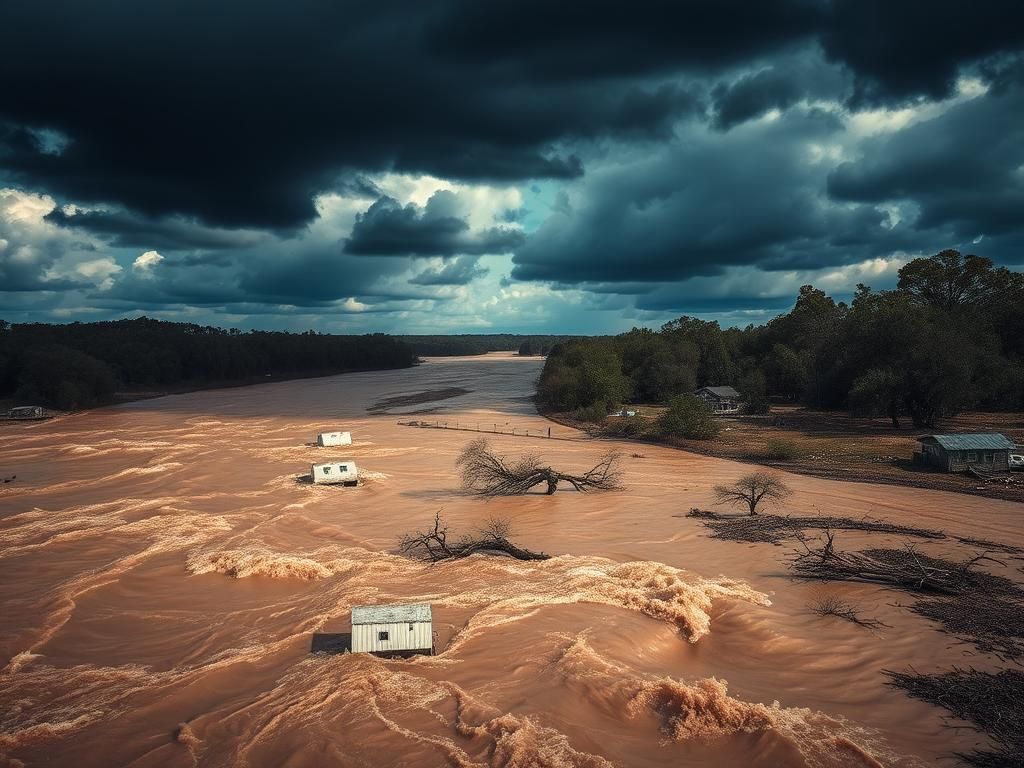 Flick International A dramatic view of the flooded Texas Hill Country displaying a swollen river threatening rural homes