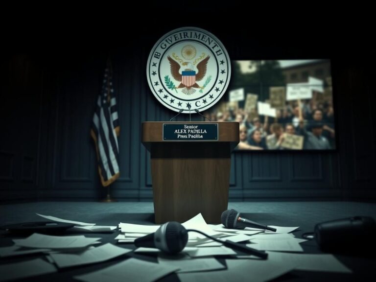 Flick International Empty podium with Senator Alex Padilla's nameplate amidst disarray symbolizing political turmoil