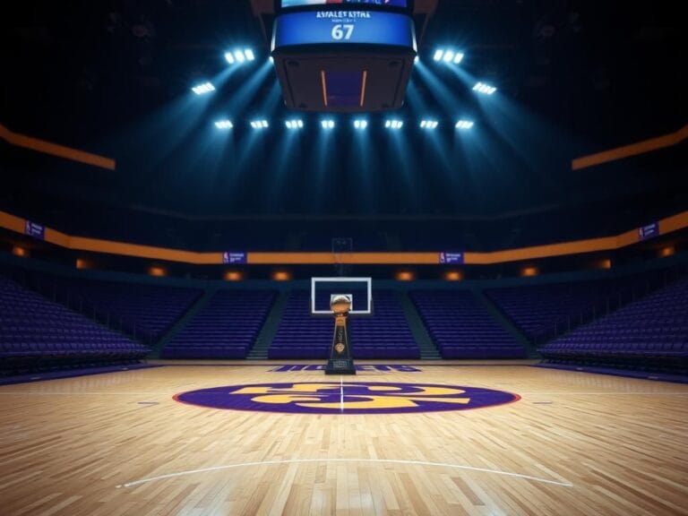 Flick International Empty basketball court illuminated under dramatic lights, symbolizing uncertainty in LeBron James' future with the Lakers.