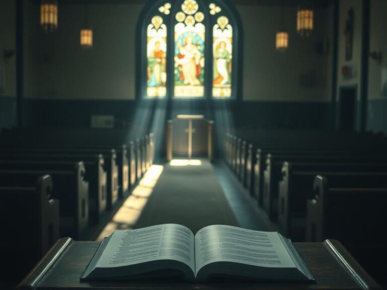 Flick International Serene interior of a Catholic church with sunlight through stained glass windows