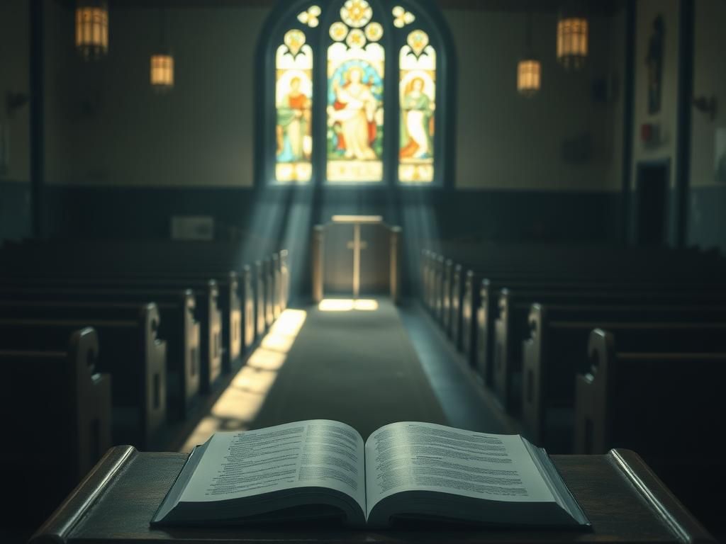 Flick International Serene interior of a Catholic church with sunlight through stained glass windows