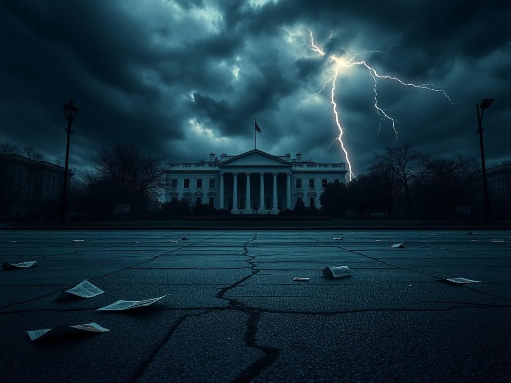 Flick International A dark, stormy urban landscape symbolizing political unrest and tension.