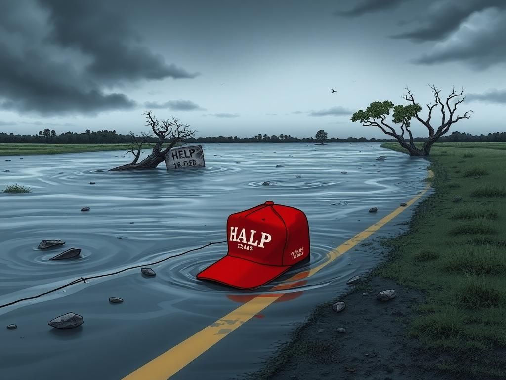 Flick International Flooded Texas landscape with a red MAGA hat symbolizing political controversy