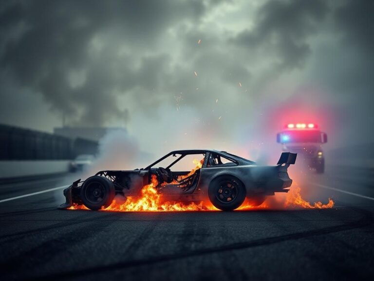 Flick International Dramatic scene of a racetrack engulfed in smoke and flames after Randy Couture's crash