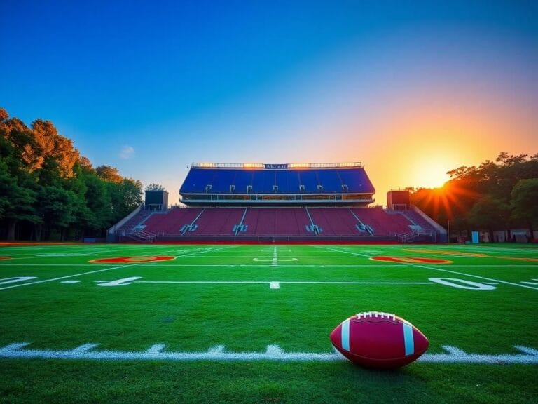 Flick International A vibrant college football field at sunset with a football resting on the ground
