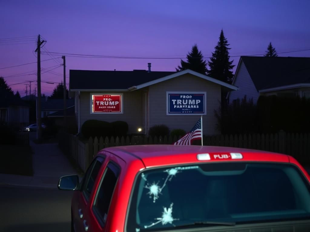 Flick International Pro-Trump political signs displayed in a Ballard home with shattered windows