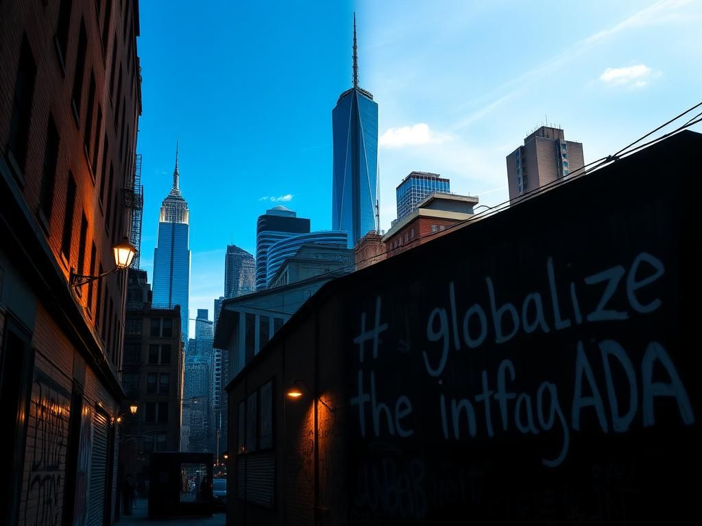 Flick International A vibrant New York City skyline juxtaposed with a shadowy alley displaying graffiti.