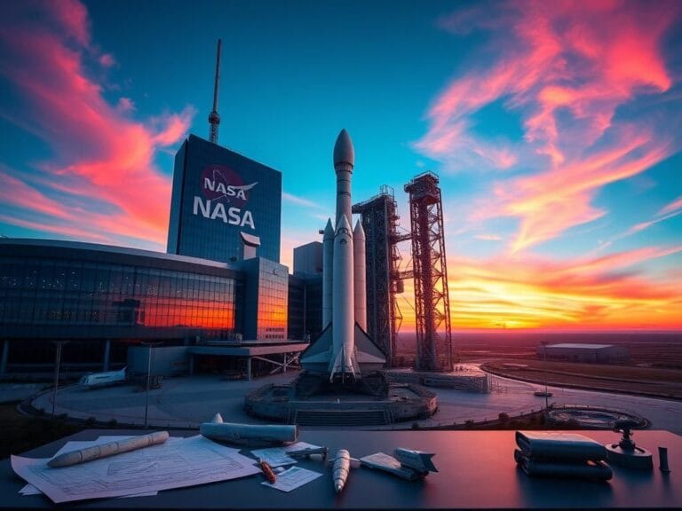 Flick International A futuristic NASA headquarters with a robust rocket on the launch pad