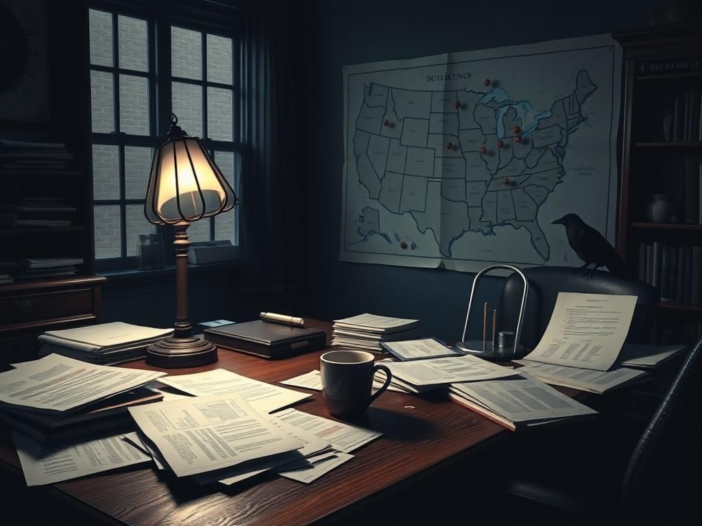 Flick International Dimly lit office scene with a vintage wooden desk, scattered documents, and a shadowy silhouette of a raven on a bookshelf