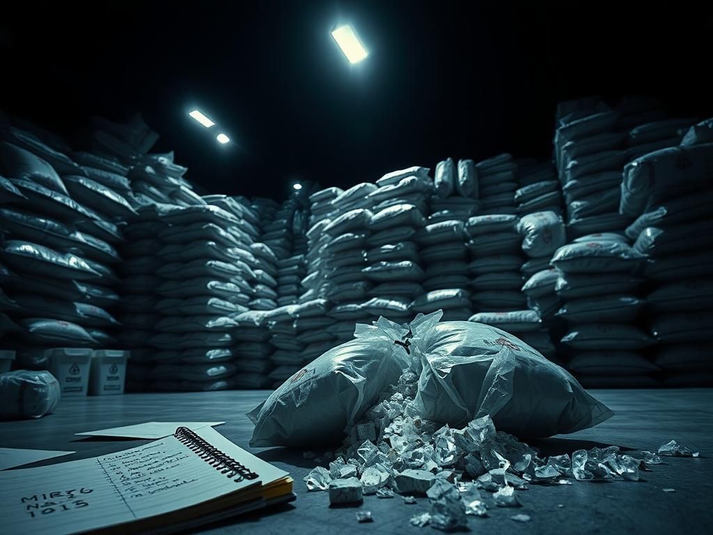 Flick International Large warehouse interior filled with sealed bags of methamphetamine, showcasing the scope of a significant drug bust in Minnesota.