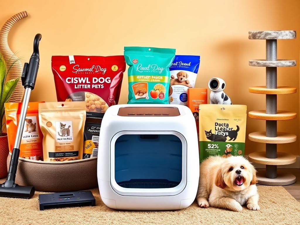 Flick International A vibrant pet-themed scene featuring luxury pet products including a self-cleaning litter box, gourmet treats, and a pet camera.