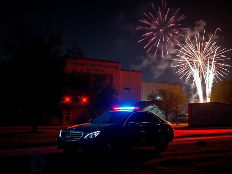 Flick International Dramatic scene of the Prairieland Detention Center illuminated by police lights during an investigation.