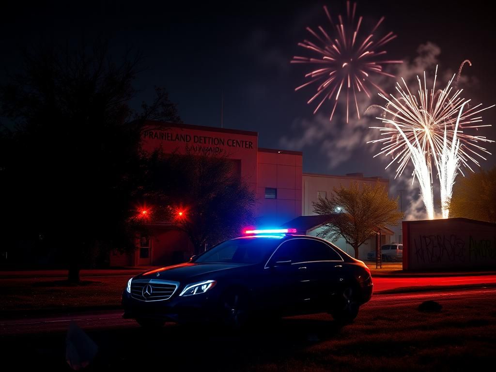 Flick International Dramatic scene of the Prairieland Detention Center illuminated by police lights during an investigation.