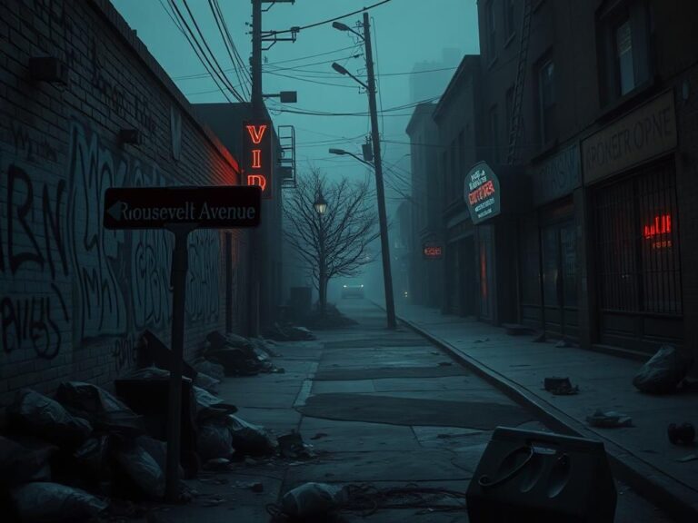 Flick International Dark urban scene of a dilapidated street in a crime-stricken area