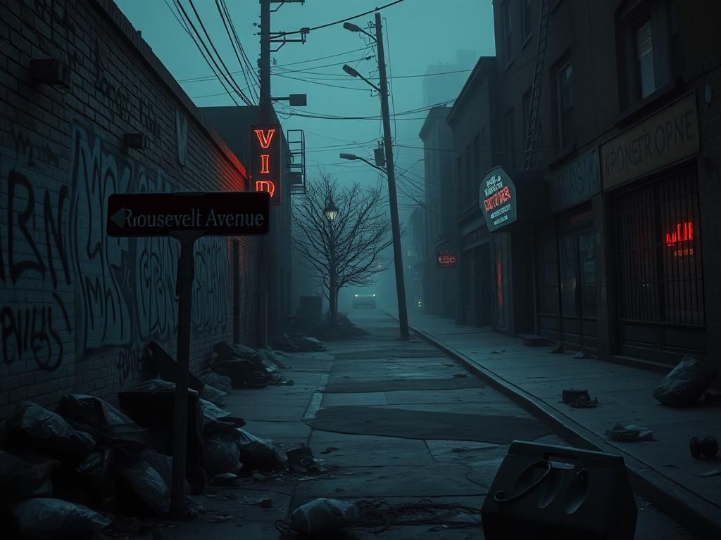 Flick International Dark urban scene of a dilapidated street in a crime-stricken area