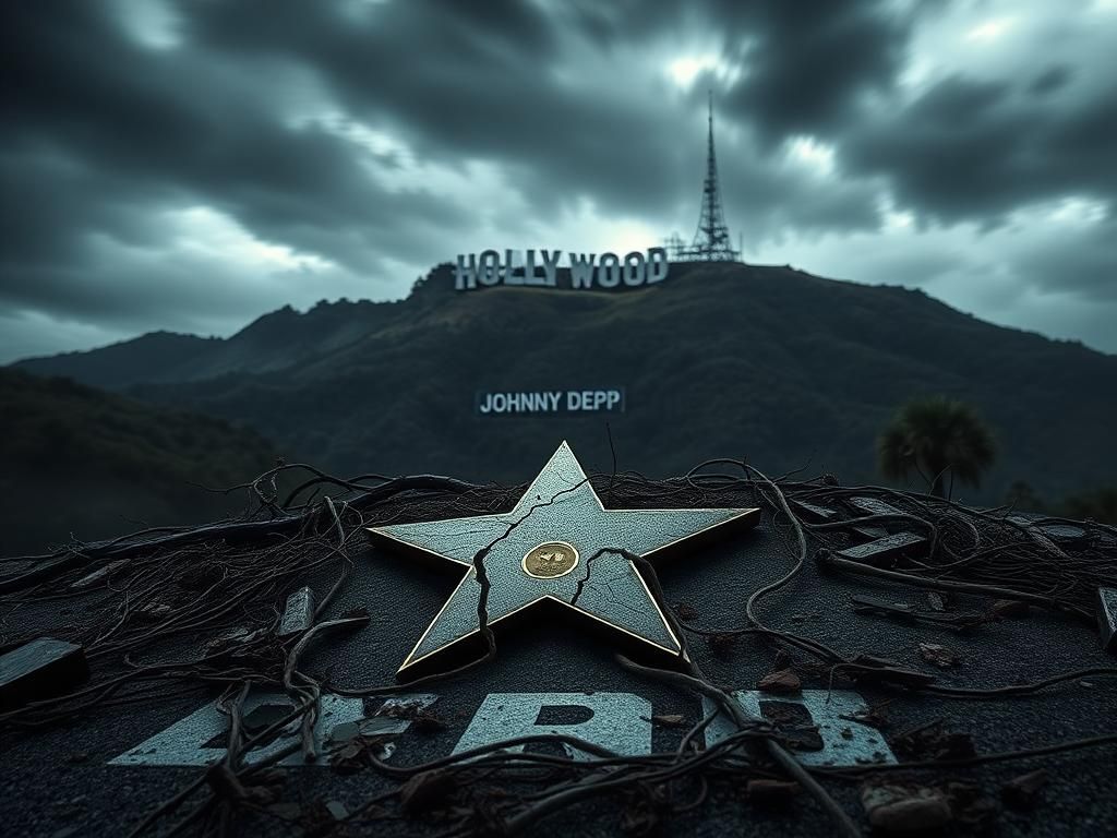 Flick International A cracked Hollywood Walk of Fame star surrounded by debris, symbolizing Johnny Depp's career struggles