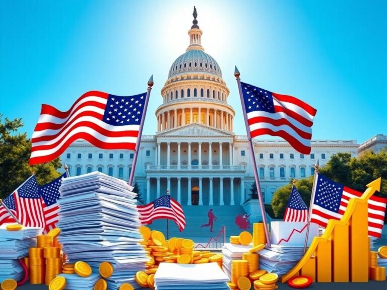 Flick International U.S. Capitol building illuminated under a clear blue sky with legislative documents and American flags in the foreground