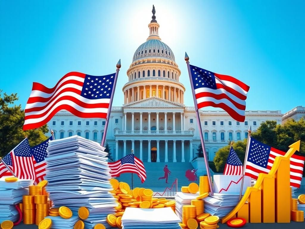 Flick International U.S. Capitol building illuminated under a clear blue sky with legislative documents and American flags in the foreground