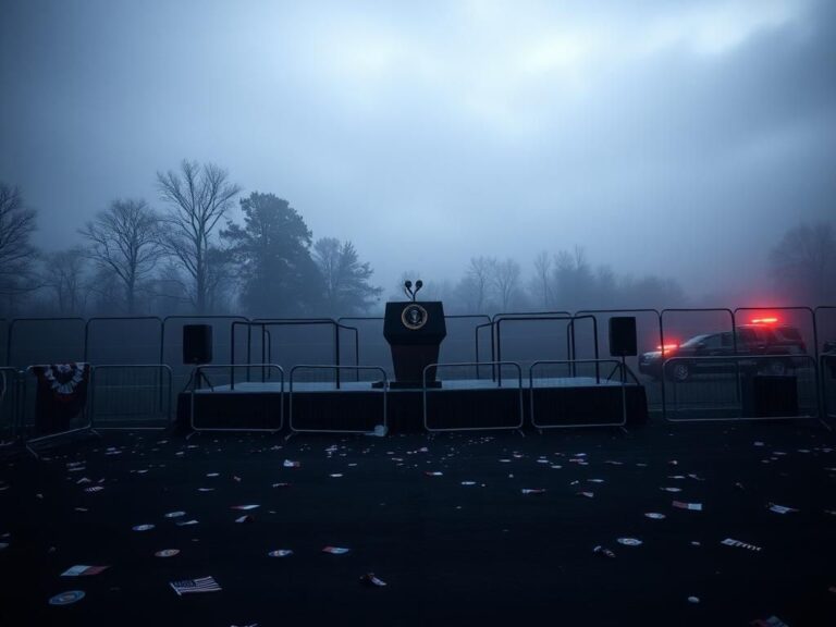 Flick International Misty rally scene with an empty stage and presidential podium in Butler, Pennsylvania