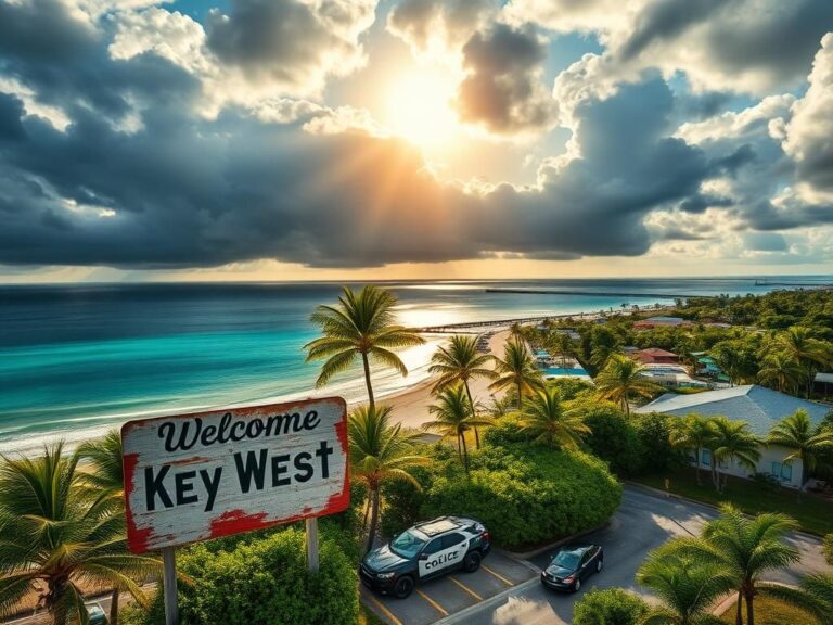 Flick International Aerial view of Key West, Florida with palm trees and turquoise waters under contrasting storm clouds