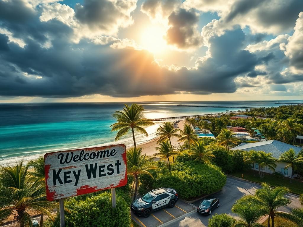 Flick International Aerial view of Key West, Florida with palm trees and turquoise waters under contrasting storm clouds