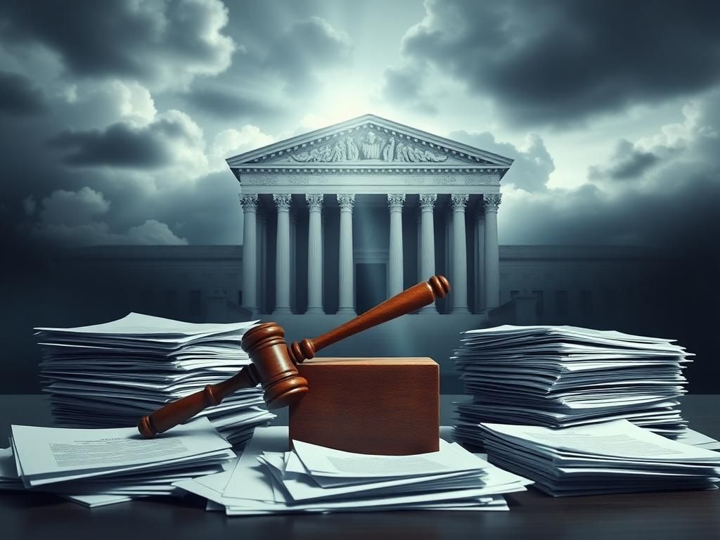 Flick International A gavel striking a wooden block surrounded by legal documents and the silhouette of the Supreme Court building