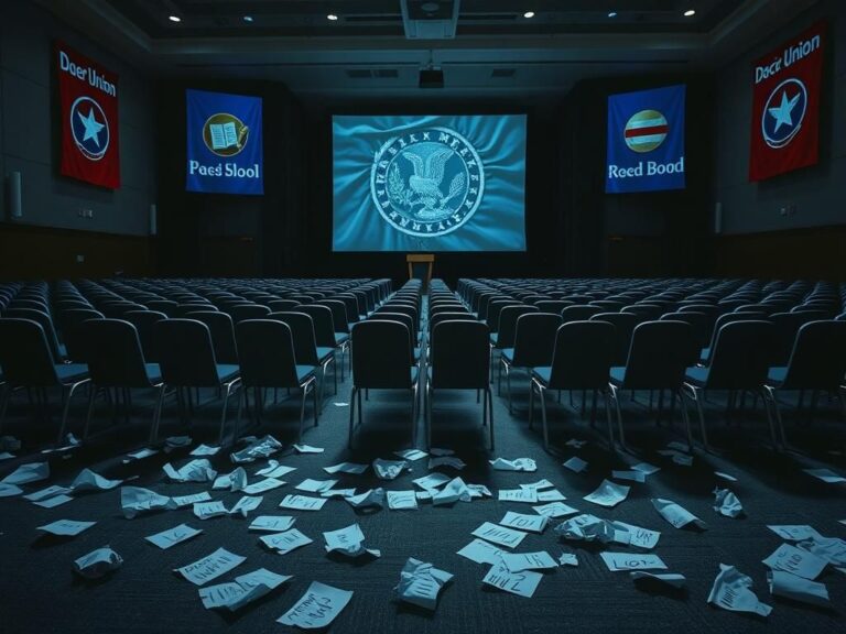 Flick International Dimly-lit conference hall with empty chairs and a podium draped in a union banner