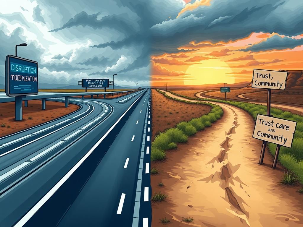 Flick International Conceptual illustration contrasting a high-tech highway with a rustic road, symbolizing different political values
