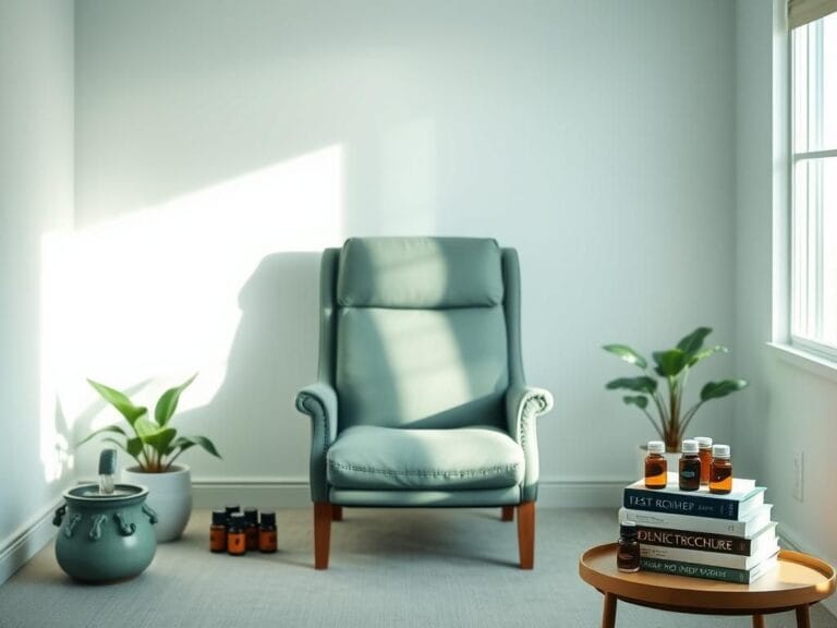 Flick International A tranquil therapy room designed for hypnosis sessions, featuring a comfortable recliner and calming elements.