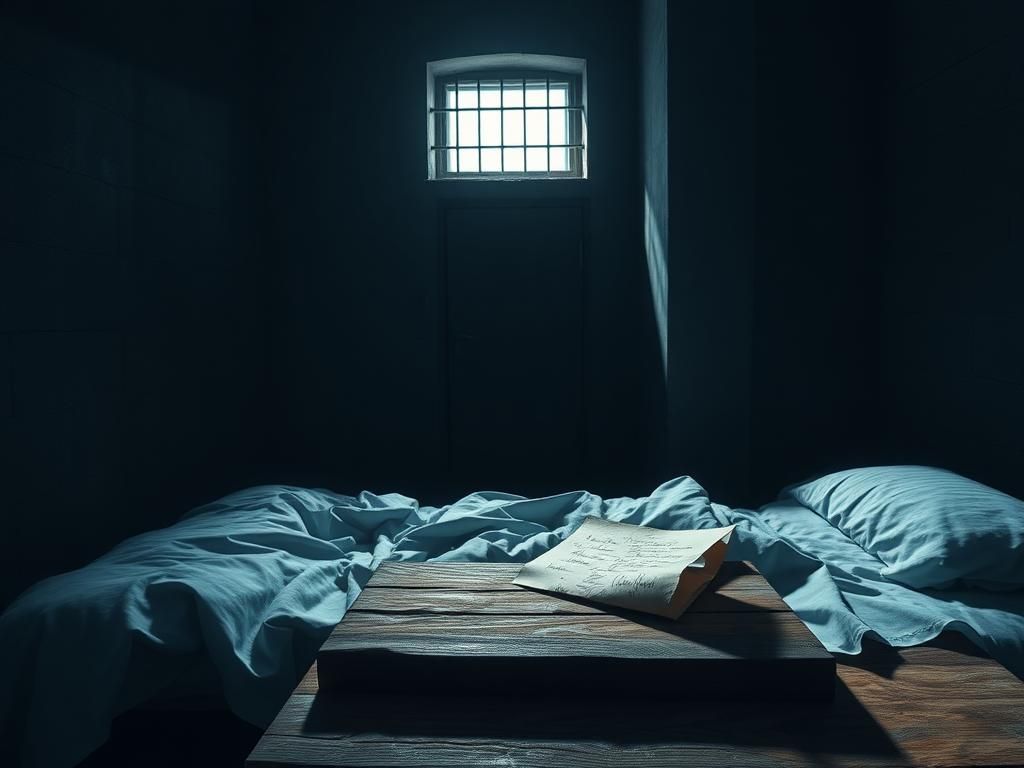 Flick International Somber prison cell interior with unmade bed and dim lighting