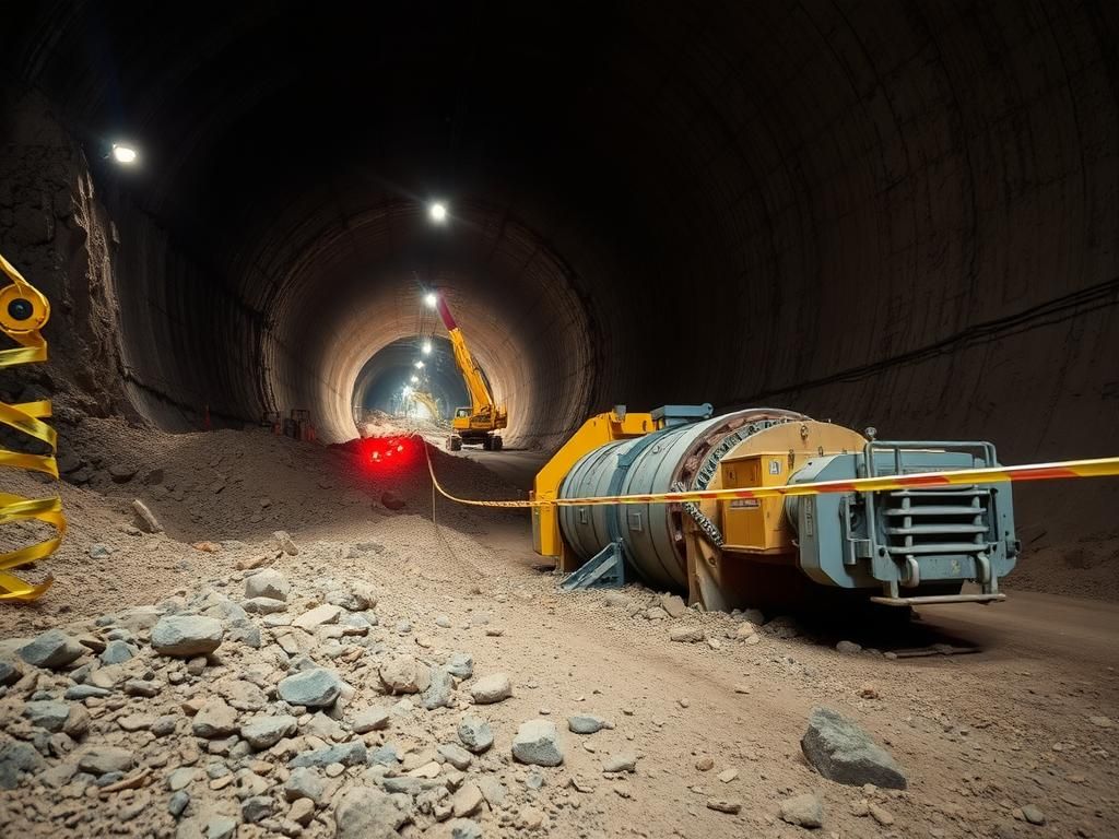Flick International Partially collapsed industrial tunnel showing construction site safety and debris