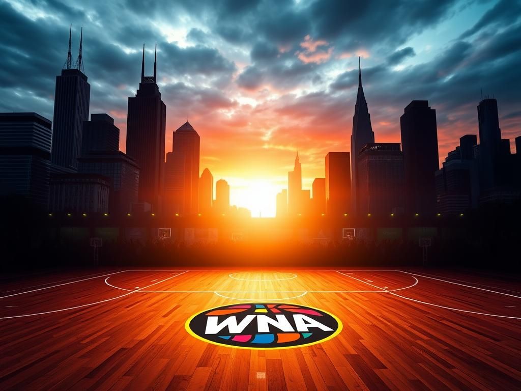 Flick International Urban skyline silhouettes of Detroit and Cleveland with an empty basketball court in the foreground