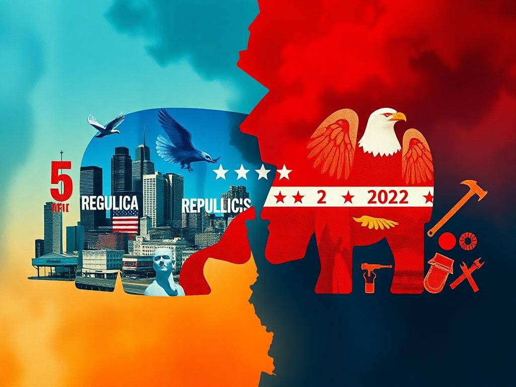 Flick International Abstract representation of the political divide between Democratic and Republican parties with urban and rural elements.